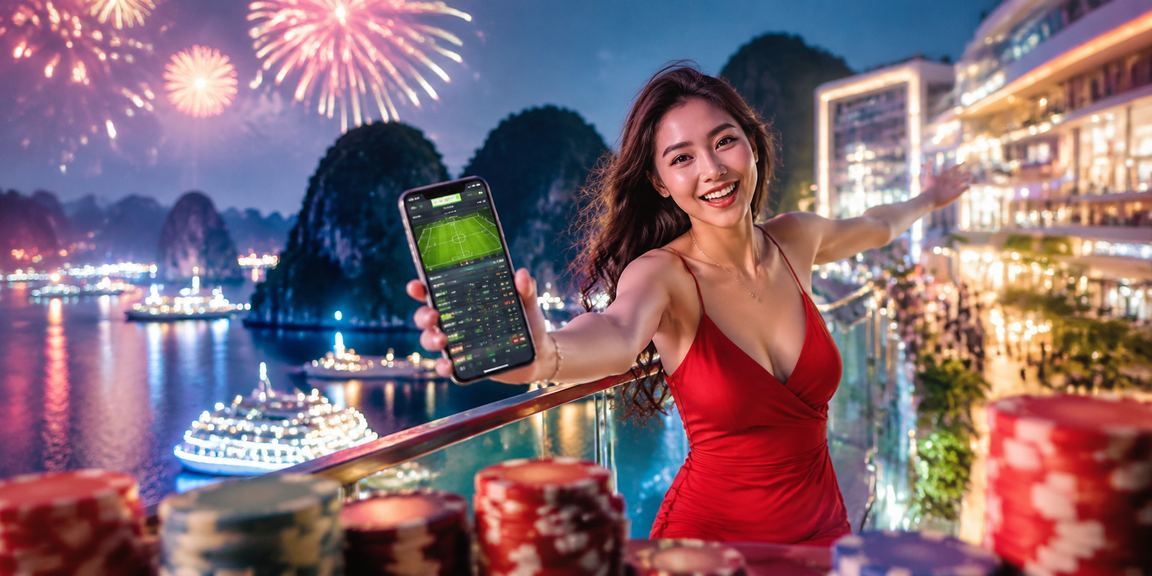 Người dùng chơi casino trực tuyến trên điện thoại bên vịnh Hạ Long trong không khí lễ hội
